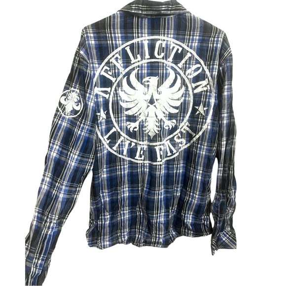 Affliction Blue Black Plaid Grunge Western Long Sleeve Button Down Shirt XL - Picture 1 of 3